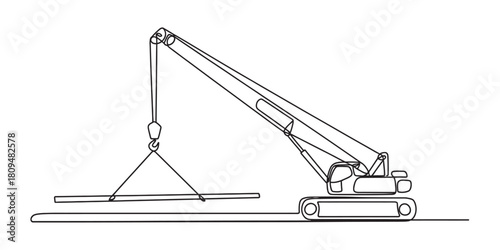 Continuous line drawing of a construction crane lifting a long beam, symbolizing heavy industry, building, and development.