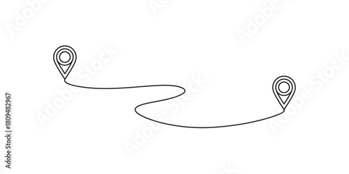 Minimalist outline two connected location pins with a wavy line, concept of travel route, journey, navigation, map, or destination path graphic.
