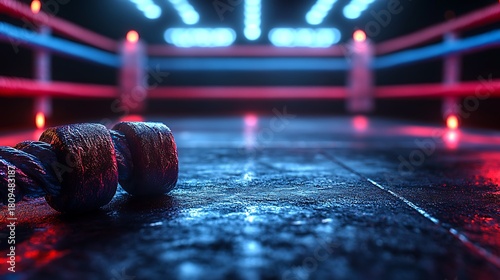 Boxing ring with jump rope in focus.