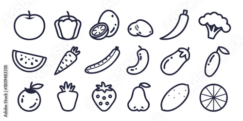 A collection of line art illustrations of various fruits and vegetables.