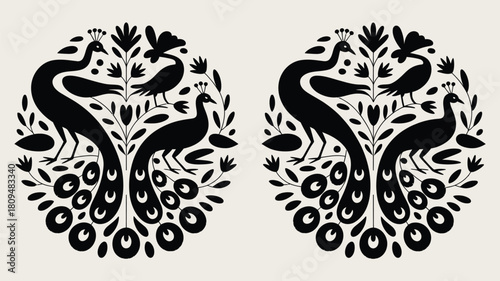 Elegant black peacocks in floral design, perfect for branding, invitations, or stylish backgrounds, adding a touch of sophisticated charm to any project