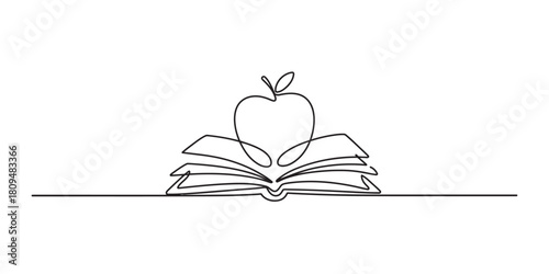 Minimalist one line drawing of an open book with a fresh apple resting on top, symbolizing education, knowledge, and learning