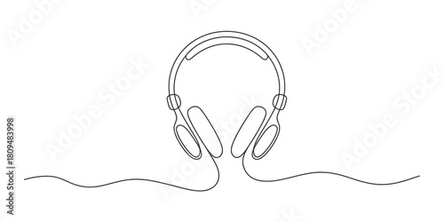 Continuous one line drawing of modern headphones with a single wavy line representing sound or connection, minimalist vector art style