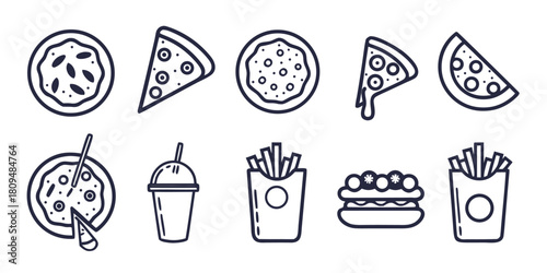 A collection of simple line art icons representing pizza, fries, a drink, and a hot dog.
