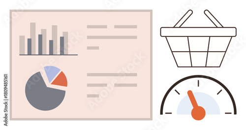 Bar graph, pie chart, shopping basket, speedometer visualizing data, performance, sales, and growth. Ideal for business strategy, progress tracking e-commerce market analysis performance