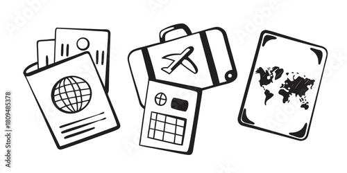 Travel essentials including a passport, suitcase, and world map.