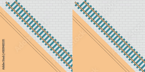 Two angled railway tracks against a brick wall and peach background in a repeating pattern design
