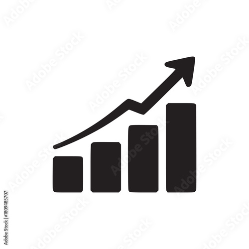 A simple black and white illustration of a bar graph with an upward trending arrow on a white background