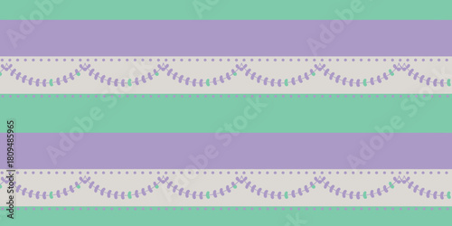 A pastel pattern with horizontal stripes of purple and green and decorative lace trim details