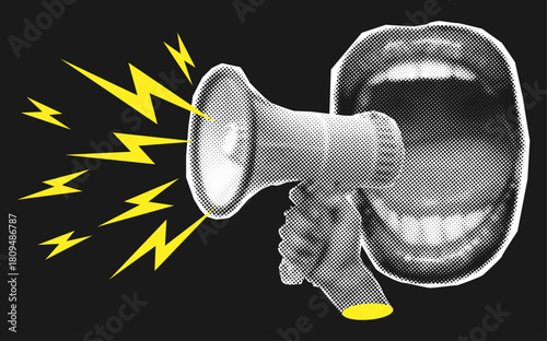 Female mouth screams with retro halftone effect,halftone megaphone in hand,trendy collage design