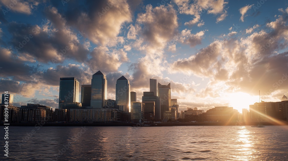 Obraz premium The stunning skyline of London's financial district is silhouetted against a vibrant sunset, creating a picturesque view over the river. Towering skyscrapers reflect the colorful l