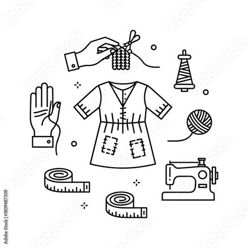 Sewing and crafting tools with a dress, hand, and yarn, line art illustration