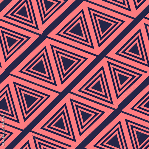 Seamless Geometric Pattern: Modern Abstract Tiling Background with Interlocking Triangle Shapes in Coral and Navy Blue