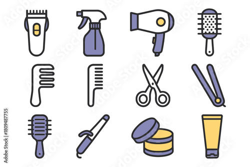 Hairdressing tools: clippers, dryer, comb, scissors, spray bottle, brush, iron, curlers, cream, containers.