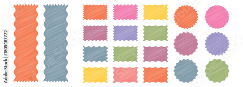 Crayon shape sticker, paint brush element, geometric funky icon grunge texture on background. Set of Vector hand drawn oval vintage border set. rectangle shape frames with zigzag edge. 
