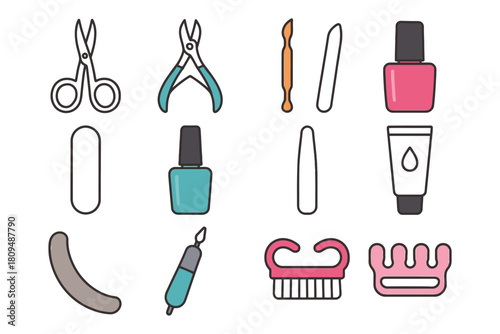 Colorful nail care tools set: scissors, clippers, files, polish, buffer, and brush.