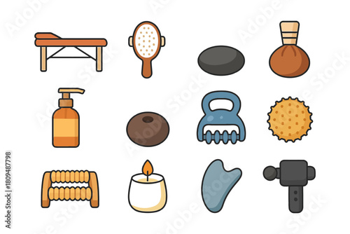 Collection of massage therapy tools and accessories for relaxation.