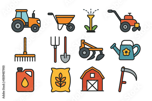 Colorful set of cartoon farming equipment icons for agricultural use.