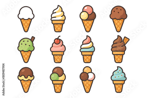 Twelve colorful ice cream cones with diverse flavors and toppings on waffle cones.