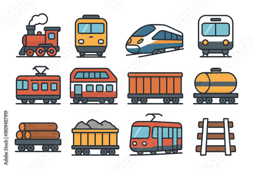 Various train types and railway elements illustrated.