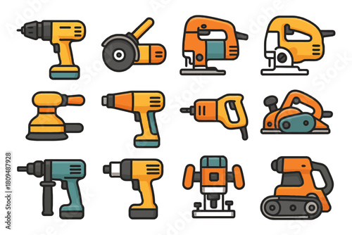 Colorful collection of cartoon handheld power tools with various functions.