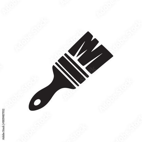 A black and white graphic illustration of a paintbrush with a handle and bristles isolated