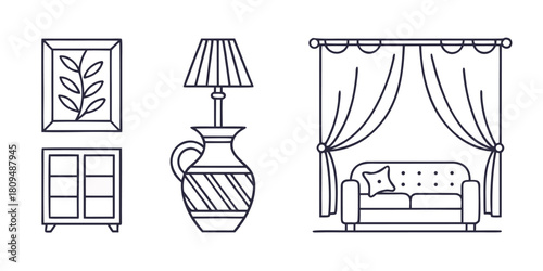 Interior design elements including a framed artwork, cabinet, lamp, and sofa with curtains.