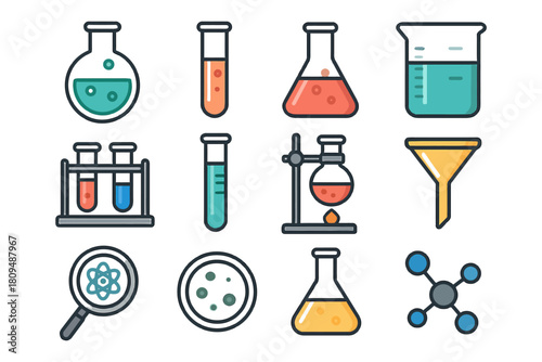 Science lab equipment icons: flasks, beakers, test tubes, funnels, magnifier, molecule.