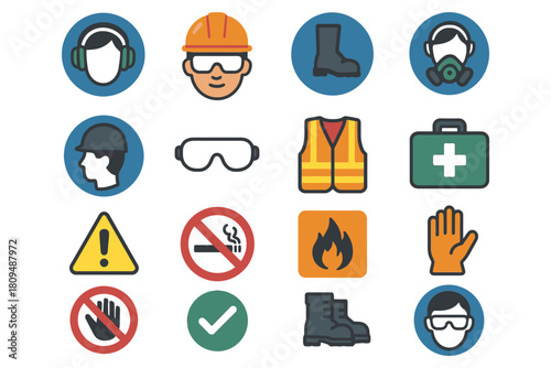 Safety gear and signs icons for workplace protection.