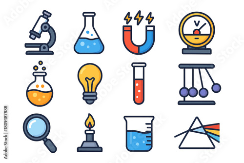 Colorful science and physics icons featuring lab equipment and experiments.