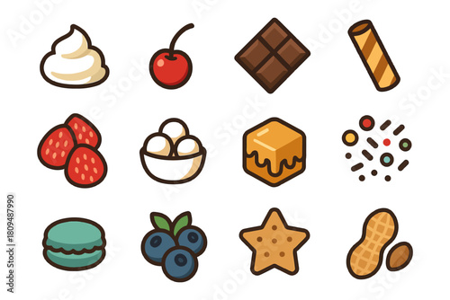 Colorful sweet treat icons: cupcake, cherry, chocolate, berry, honey, cookie.
