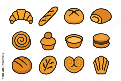 Assorted bakery icons: croissant, baguette, bread, pastry, muffin, pie, macaron.