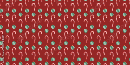 Cheerful Christmas Candy Cane and Striped Bauble Seamless Pattern on Red Background