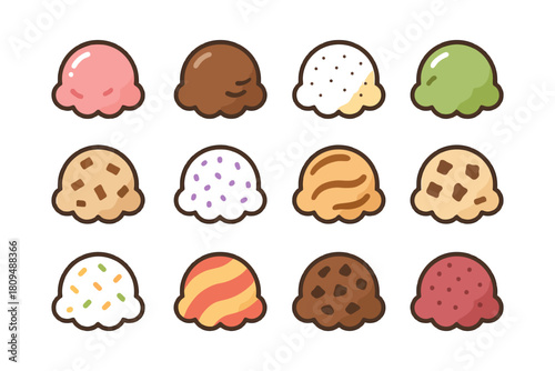 Twelve scoops of colorful ice cream in assorted flavors on white background.