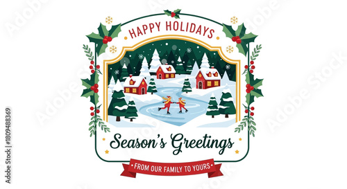 Happy Holidays Season's Greetings from Our Family to Yours Winter Scene with Skating and Snowfall