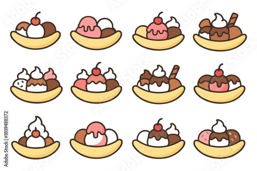 Banana split variations with ice cream, chocolate, and toppings.