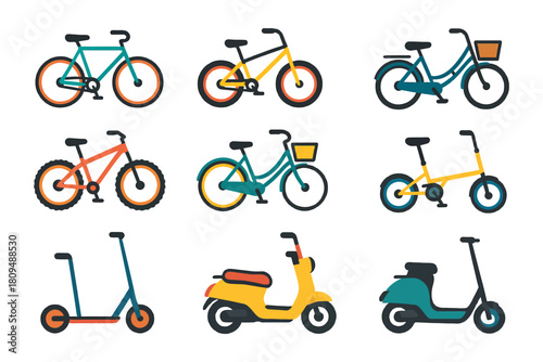 Colorful collection of bicycles and scooters on white background.