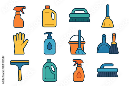 Colorful cleaning supplies icon set with brushes and bottles.
