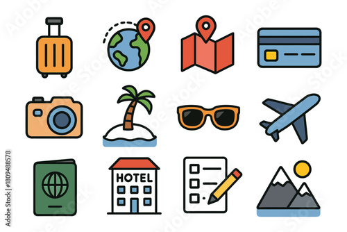 Travel icon set featuring luggage, globe, map, credit card, and camera symbols.