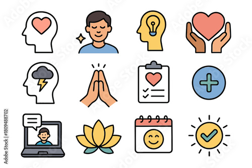 Icons representing mindfulness and emotional well-being with diverse concepts.