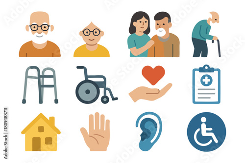 Elderly care icons: senior, wheelchair, assistance, health, accessibility.