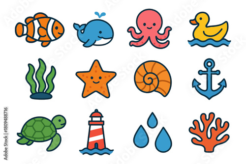 Adorable marine and nautical icons featuring sea creatures and lighthouse.