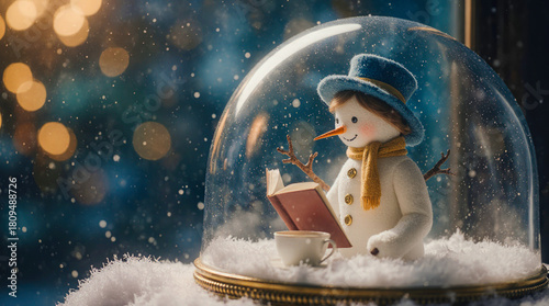 Charming snowman reading a book inside a snow globe with festive lights