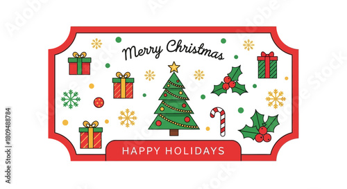 Merry Christmas and Happy Holidays greeting card with festive icons and decorations