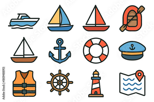 Colorful nautical icons featuring boats, anchor, lifebuoy, lighthouse, and more.