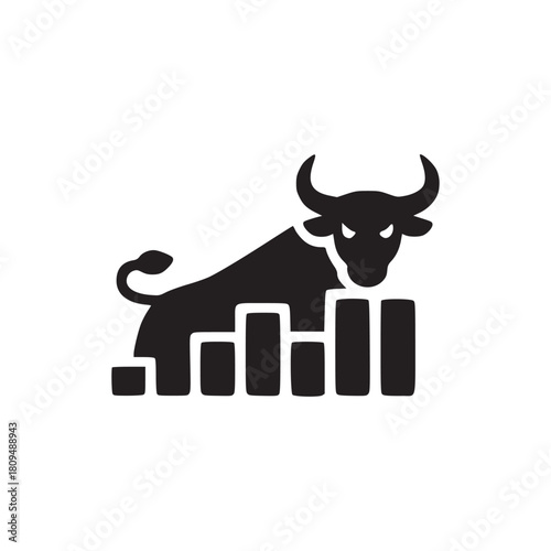 A black silhouette of a bull standing atop a rising bar graph on a plain white background isolated