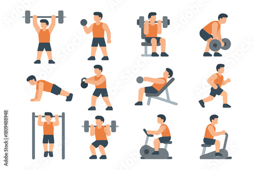 Young male workout routine set - fitness icons and exercise illustrations.