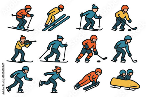 Winter sports people: skiing, snowboarding, ice hockey, bobsledding, biathlon cartoon characters.