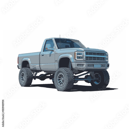 Silver lifted pickup truck isolated on white background, a powerful machine