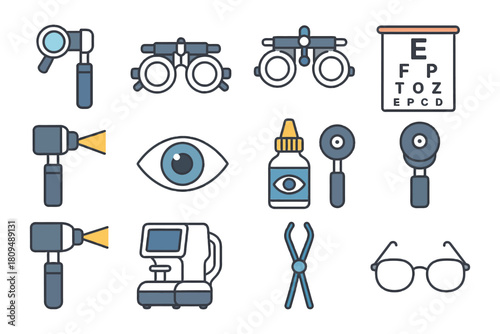 Optometry tools set: eyeglasses, eye chart, diagnostic equipment, ophthalmoscope, retinoscope.